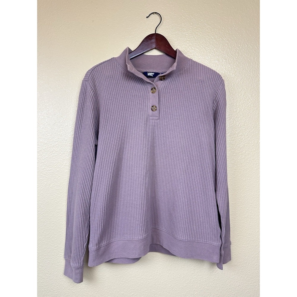 Lands End Waffle Knit Button Placket Top Size Sm 6-8 Tan Brown Mock Neck Sweater